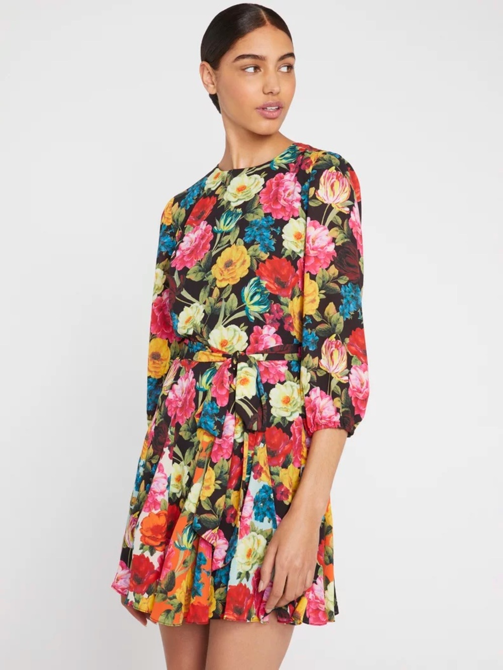 Alice + Olivia Pink Mina Floral Puff Sleeve Tiered Mini Dress Multicolor Size 0